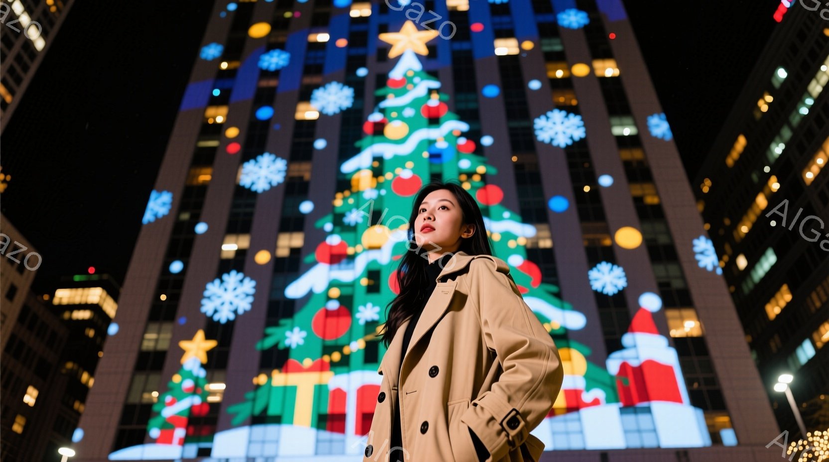 長い黒髪の女性がベージュ色のトレンチコートを着て、夜の街を見上げている。彼女は少し微笑んでおり、視線は右上に向けられている。背景には、イルミネーションで飾られた高層ビルがそびえ立ち、クリスマスの華やかな雰囲気を醸し出している。