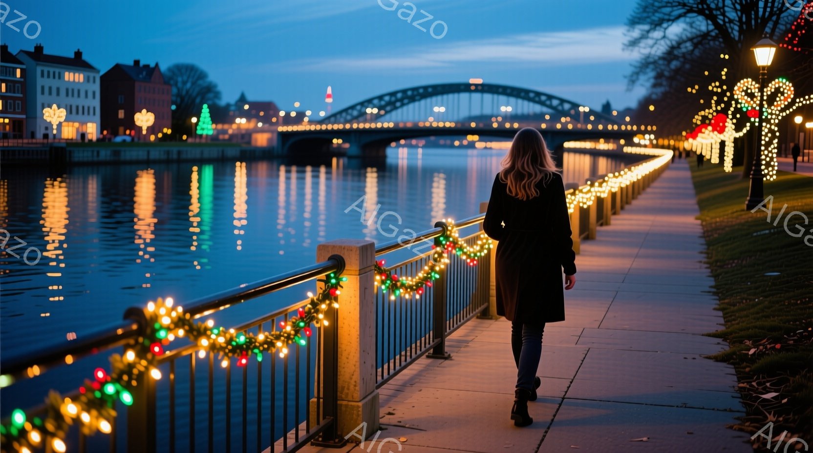 長いコートを着た女性が、イルミネーションで飾られた遊歩道を歩いている。背景には穏やかな水面と、遠くに見える橋や建物がぼんやりと見える夜景が広がっており、冬の静かで幻想的な雰囲気を醸し出している。女性は後ろ姿であり、表情は読み取れないが、ゆっくりと歩む姿から安らぎを感じさせる。