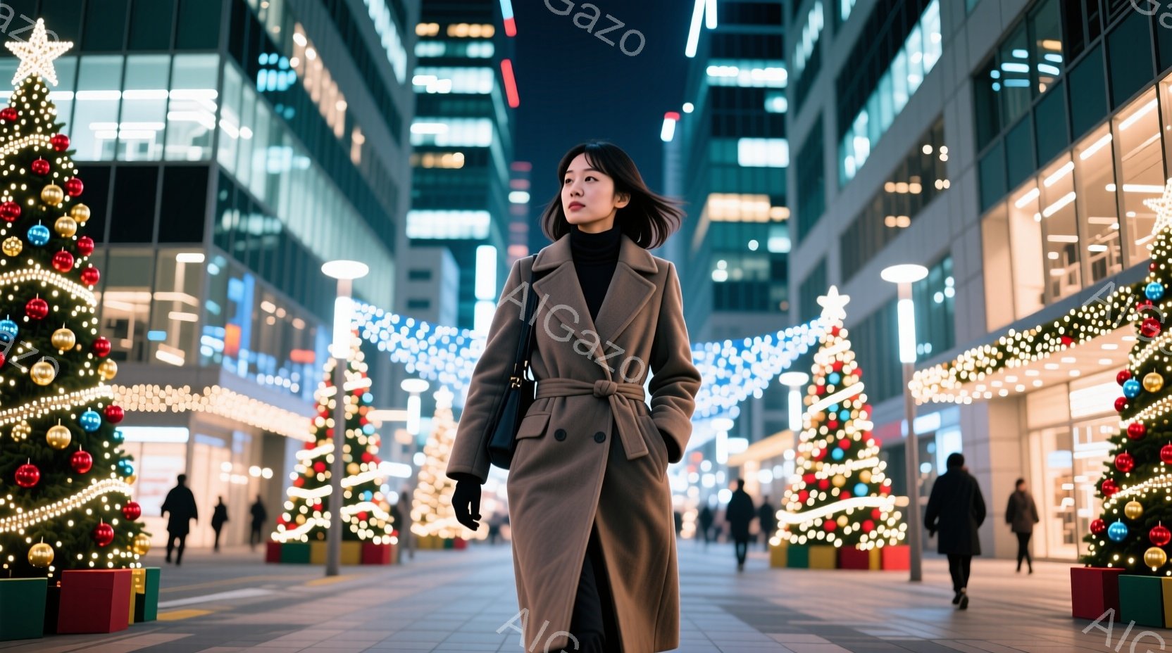 長いベージュ色のコートを着た女性が、クリスマスイルミネーションで飾られた歩道を歩いている。彼女は黒い髪を耳にかかり、前を見据え、やや真剣な表情をしている。背景には、高層ビルが立ち並び、歩道にはクリスマスツリーが配置され、華やかな冬の夜の雰囲気を醸し出している。