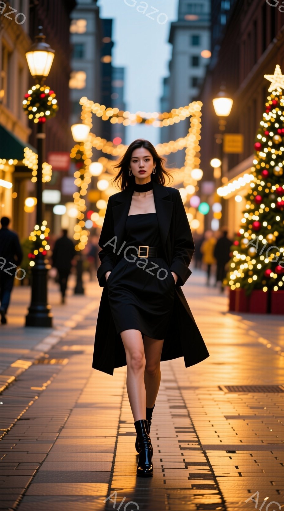 黒いコートとミニドレスを身につけた女性が、石畳の通りを正面に向かって歩いている。彼女は黒いブーツを履き、長い髪は肩にかかっている。背景には、クリスマスの装飾が施された建物や街路樹があり、暖かく華やかな雰囲気を醸し出している。