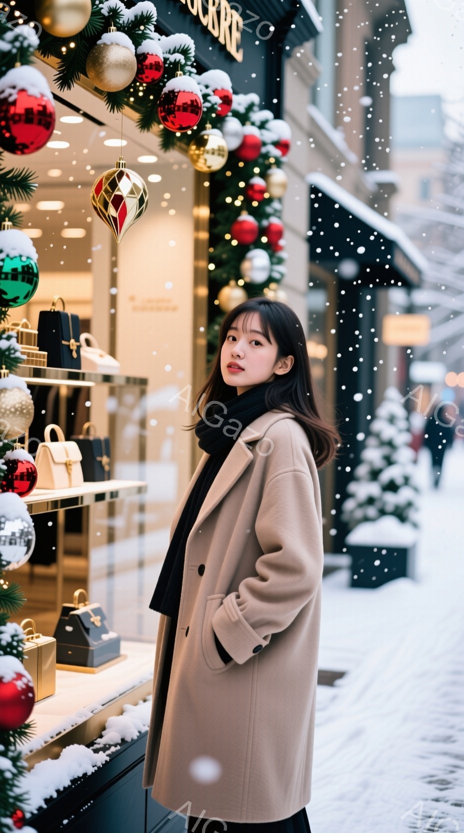 ベージュのオーバーコートを羽織り、黒いスカーフを巻いた若い女性が、ショーウィンドウの前でポーズをとっています。彼女は少し微笑み、落ち着いた表情で、冬の装いに身を包んでいます。背景には、クリスマス装飾が施された建物と、雪が舞う冬の風景が広がっています。