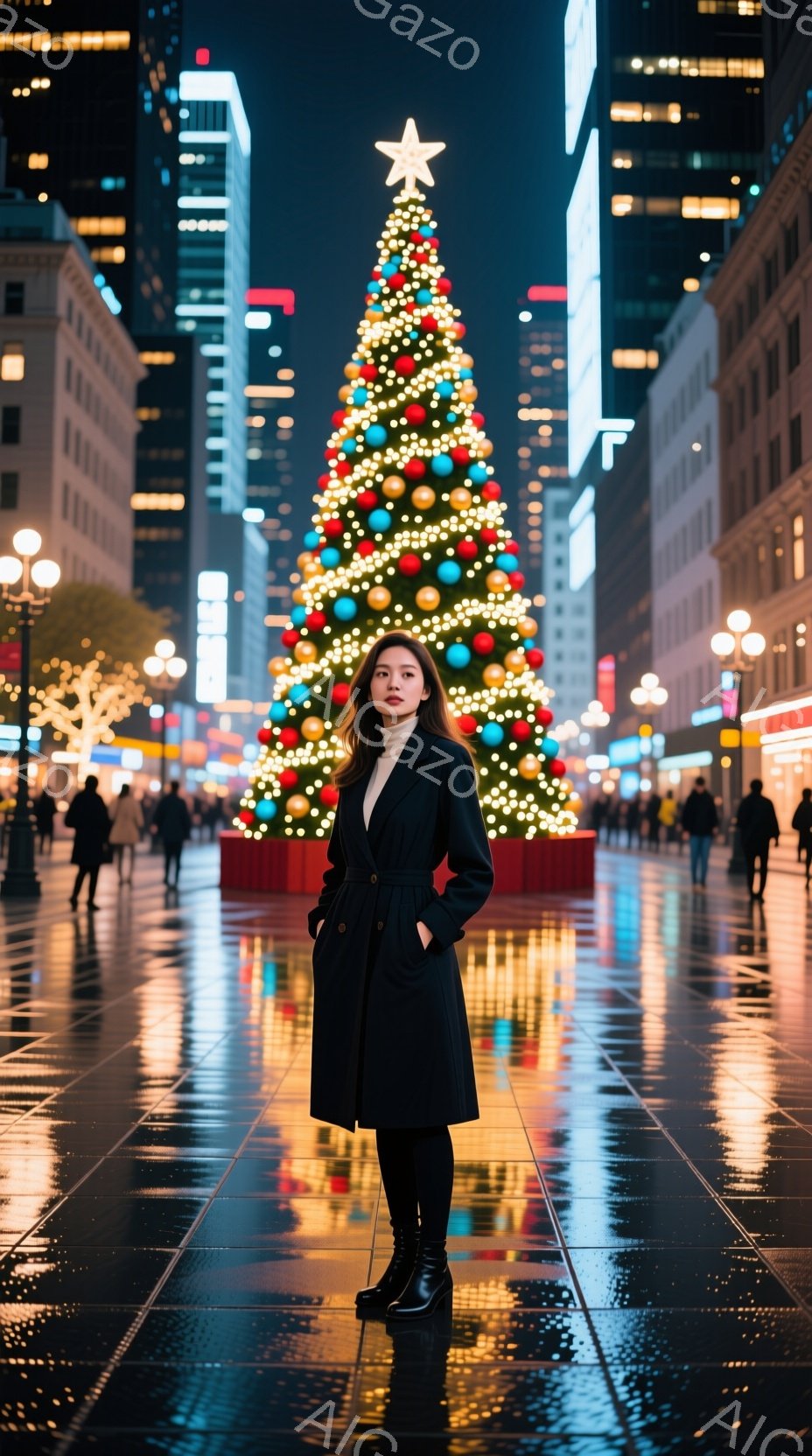 長い黒のコートを着た女性が、夜の街の中心にある巨大なクリスマスツリーの前で立っている。彼女はストレートの黒髪で、穏やかな表情を浮かべている。背景には高層ビルが立ち並び、濡れた地面に反射する光が幻想的な雰囲気を醸し出している。
