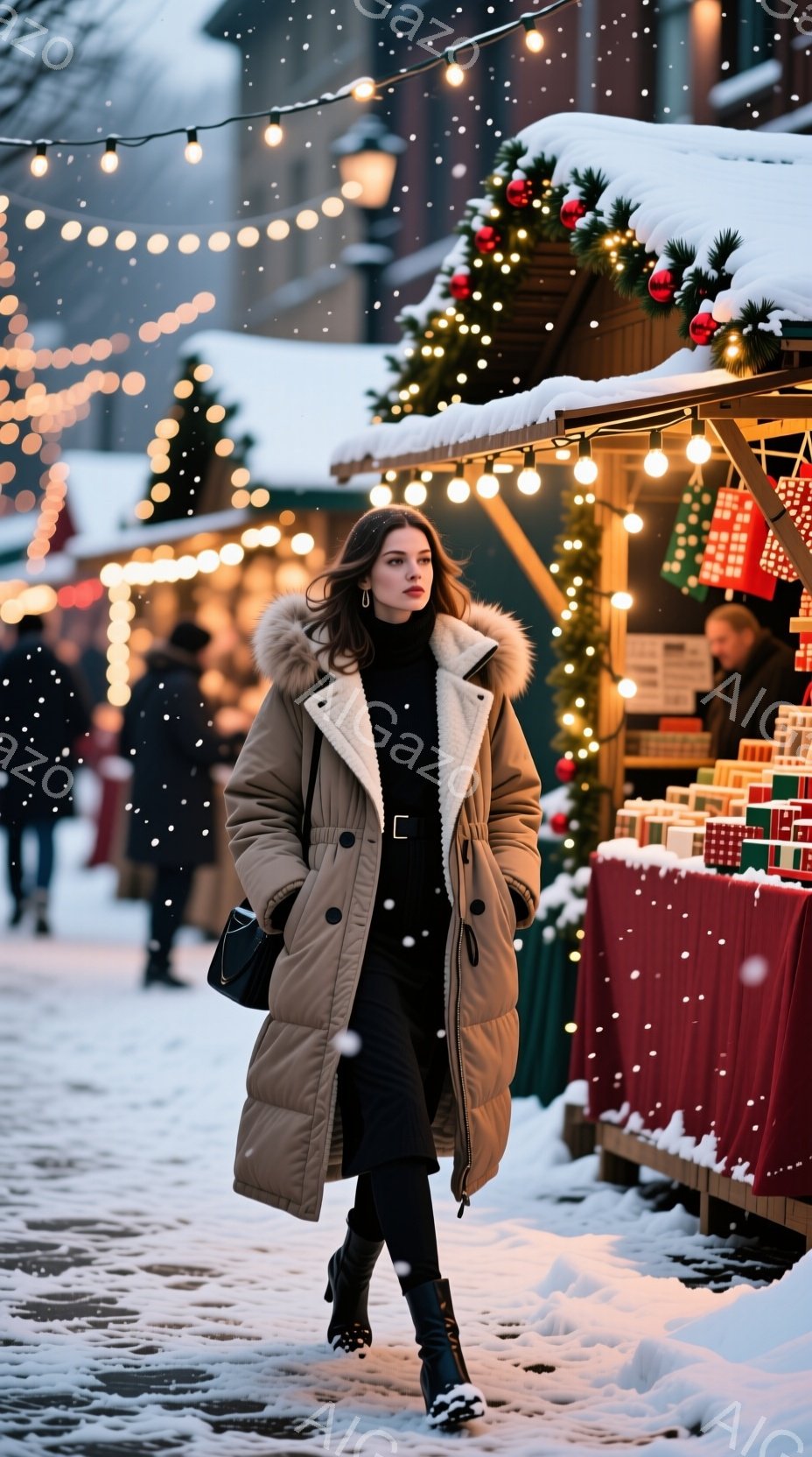 画像には、雪が降るクリスマスマーケットで、ロング丈のダウンコートを着た女性が描かれています。彼女は黒いタイツとブーツを履き、髪は肩まで伸ばして緩やかにウェーブがかかっています。背景には、クリスマス装飾が施された屋台や、ぼんやりと見える人々がおり、全体的に温かく幻想的な雰囲気が漂っています。