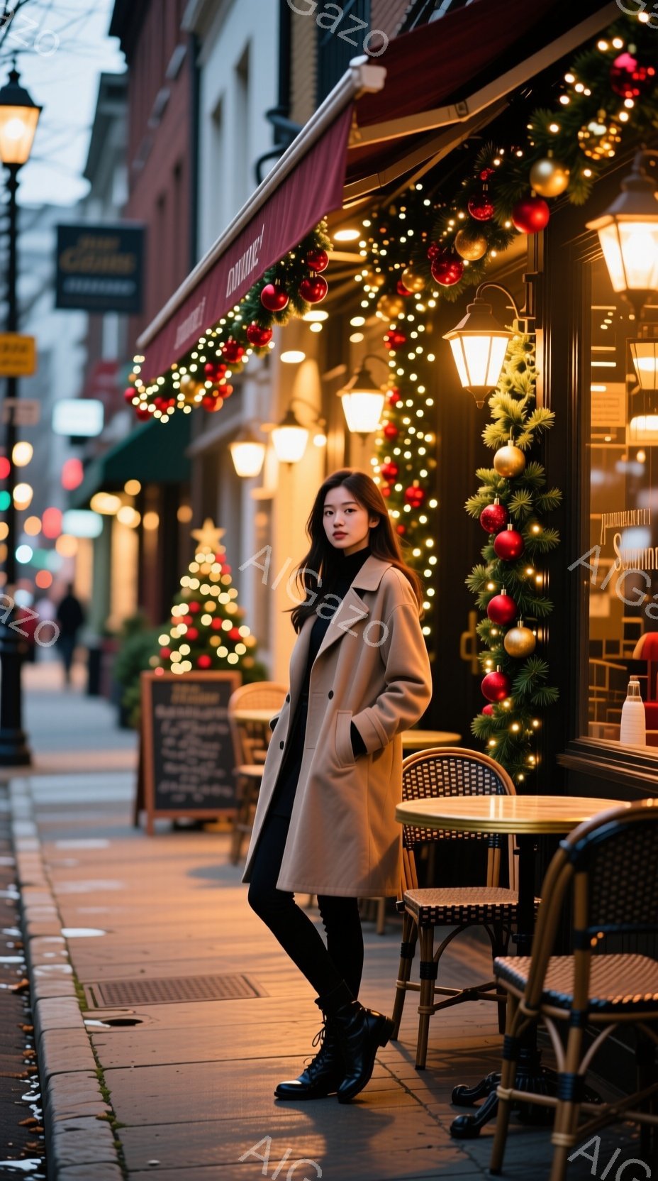 画像には、ベージュ色のロングコートを着て、黒いレギンスとブーツを履いた女性が写っています。彼女は少し憂いのある表情で、カフェの前に立ってポーズをとっています。背景には、クリスマス装飾が施されたカフェと、薄暗い街路が見え、冬の夜の暖かく、少し寂しげな雰囲気が漂っています。