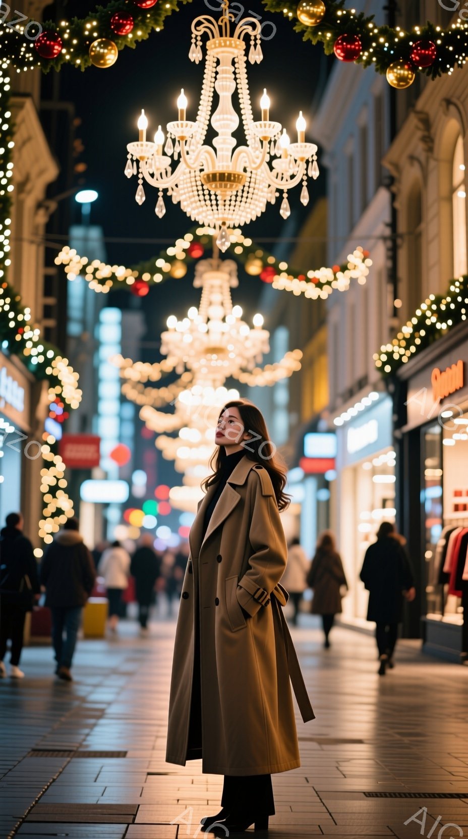 画像には、ベージュ色のロングコートを着た女性が写っています。彼女は少し横を向き、微笑んでいます。背景にはクリスマスイルミネーションで飾られた賑やかな通りが広がり、多くの人々が歩いています。
