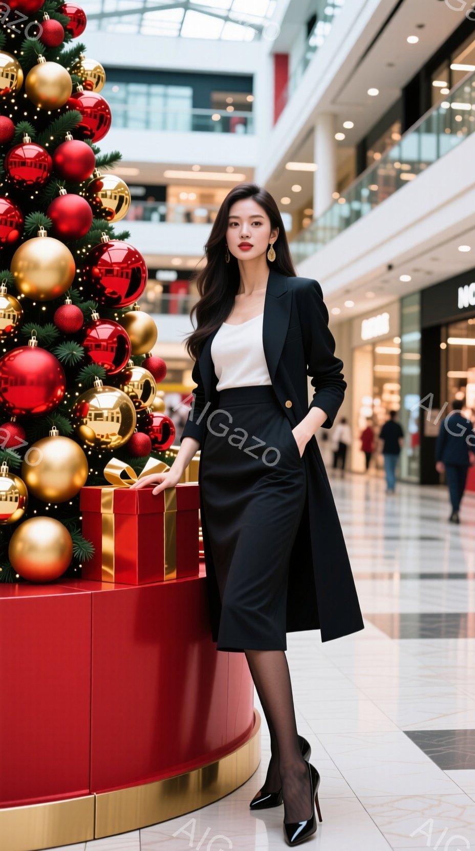黒いロングジャケットとペンシルスカートを身につけた女性が、赤いクリスマスツリーの前でポーズをとっています。彼女は黒いストッキングとポインテッドトゥのヒールを履き、洗練された印象を与えています。背景はショッピングモールの内部で、多くの人が歩き、クリスマスの飾り付けが華やかさを添えています。