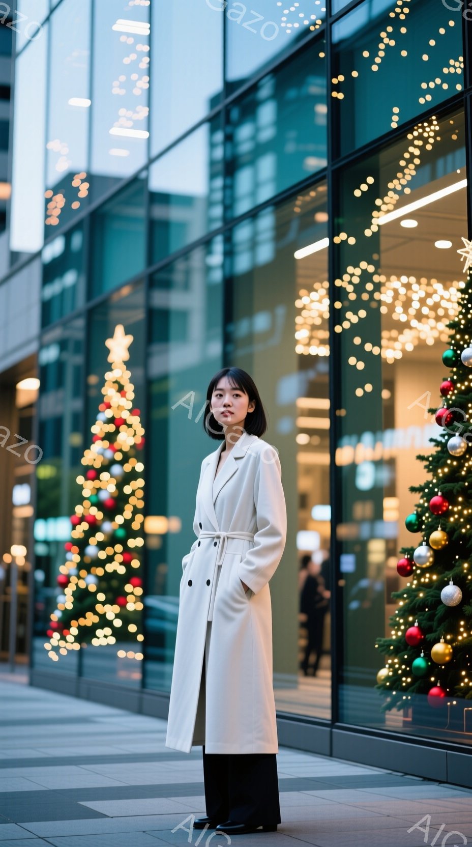 白いロングコートを羽織った女性が、クリスマスのイルミネーションが輝く街並みを背景に立っている。彼女は黒いパンツと靴を履き、髪は肩にかかる長さでストレートに整えられている。表情は穏やかで、少し微笑んでい - AI生成フリー素材