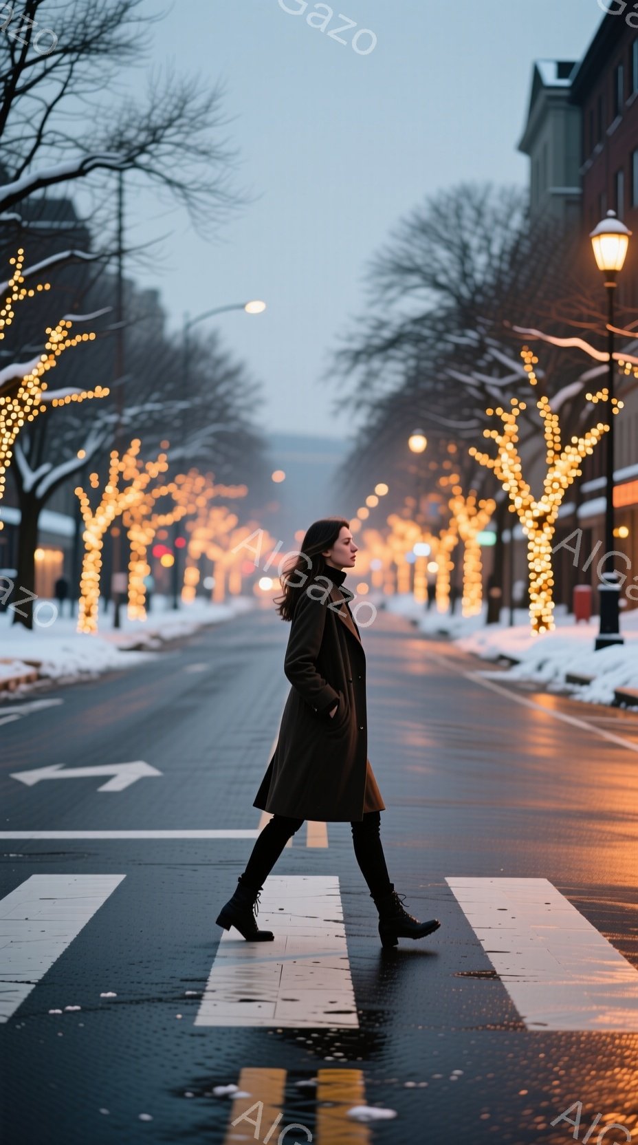長い黒いコートを着た女性が、雪で覆われた横断歩道を歩いている。彼女は長い髪を持ち、後ろを向いており、表情ははっきりと見えないが、歩調はリラックスしているように見える。背景には、光り輝くイルミネーションで飾られた並木道と、ぼんやりと見える建物が広がり、冬の静かで幻想的な雰囲気を醸し出している。
