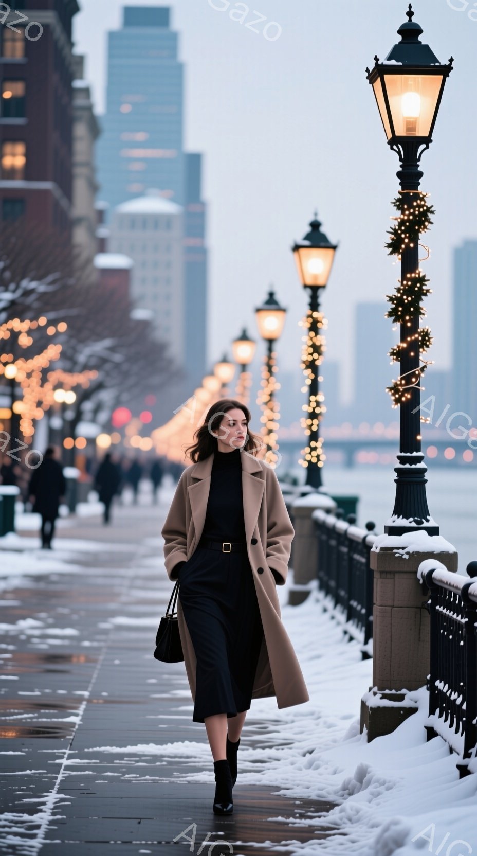 画像には、茶色のロングコートを着て、黒いミディ丈のドレスを身に着けた女性が写っています。彼女は少し微笑んでおり、髪は肩まで伸びたウェーブヘアです。背景には雪に覆われた遊歩道、装飾された街灯、そしてぼんやりとした高層ビル群があり、冬の穏やかな雰囲気を醸し出しています。