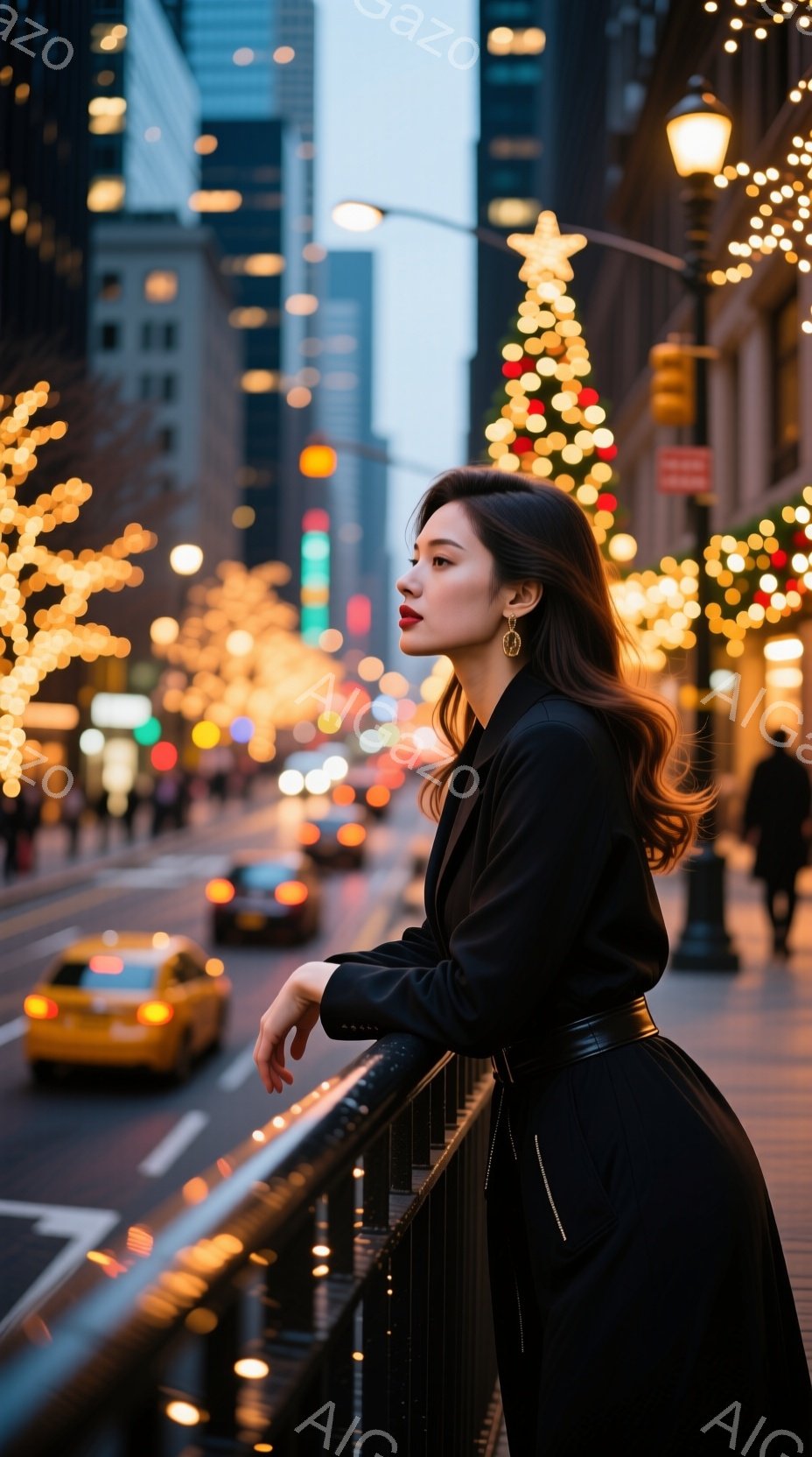 長い黒いコートを着た女性が、街の景色を見下ろしている。彼女は赤い口紅を塗り、髪は肩まで伸びて少しカールしている。背景にはニューヨークの摩天楼とクリスマスのイルミネーションがあり、冬の夕暮れ時の華やかで少し寂しげな雰囲気が漂っている。