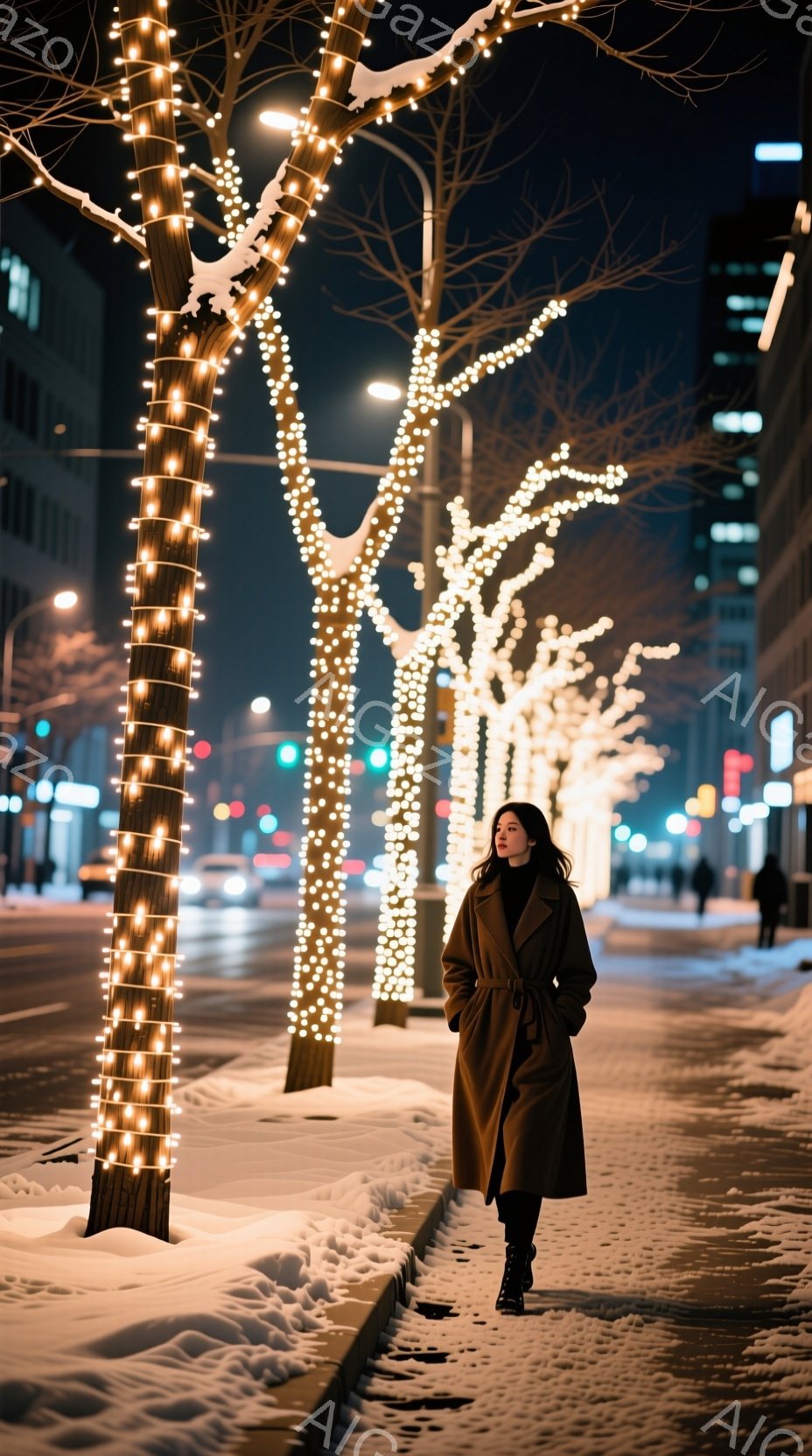 長い茶色のコートを着た女性が、イルミネーションで飾られた並木道を歩いている。彼女は黒髪で、少しうつむき加減で歩いており、冬の夜の静けさの中に佇んでいるように見える。背景には雪が積もった道路と、遠くのビル群がぼんやりと見え、幻想的で落ち着いた雰囲気を醸し出している。