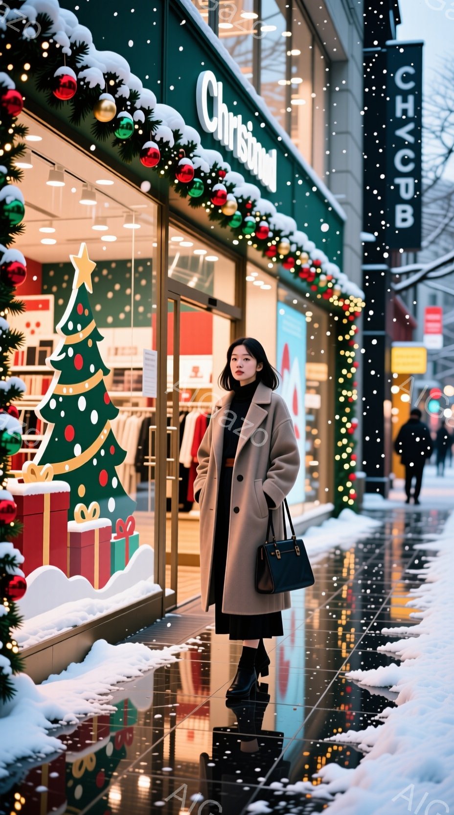 長いベージュ色のコートを着た女性が、クリスマス装飾が施された店舗の前に立っている。彼女は黒いスカートとブーツを履き、肩に黒いハンドバッグを掛けている。背景にはキラキラと光るクリスマスツリーやオーナメン - AI生成フリー素材