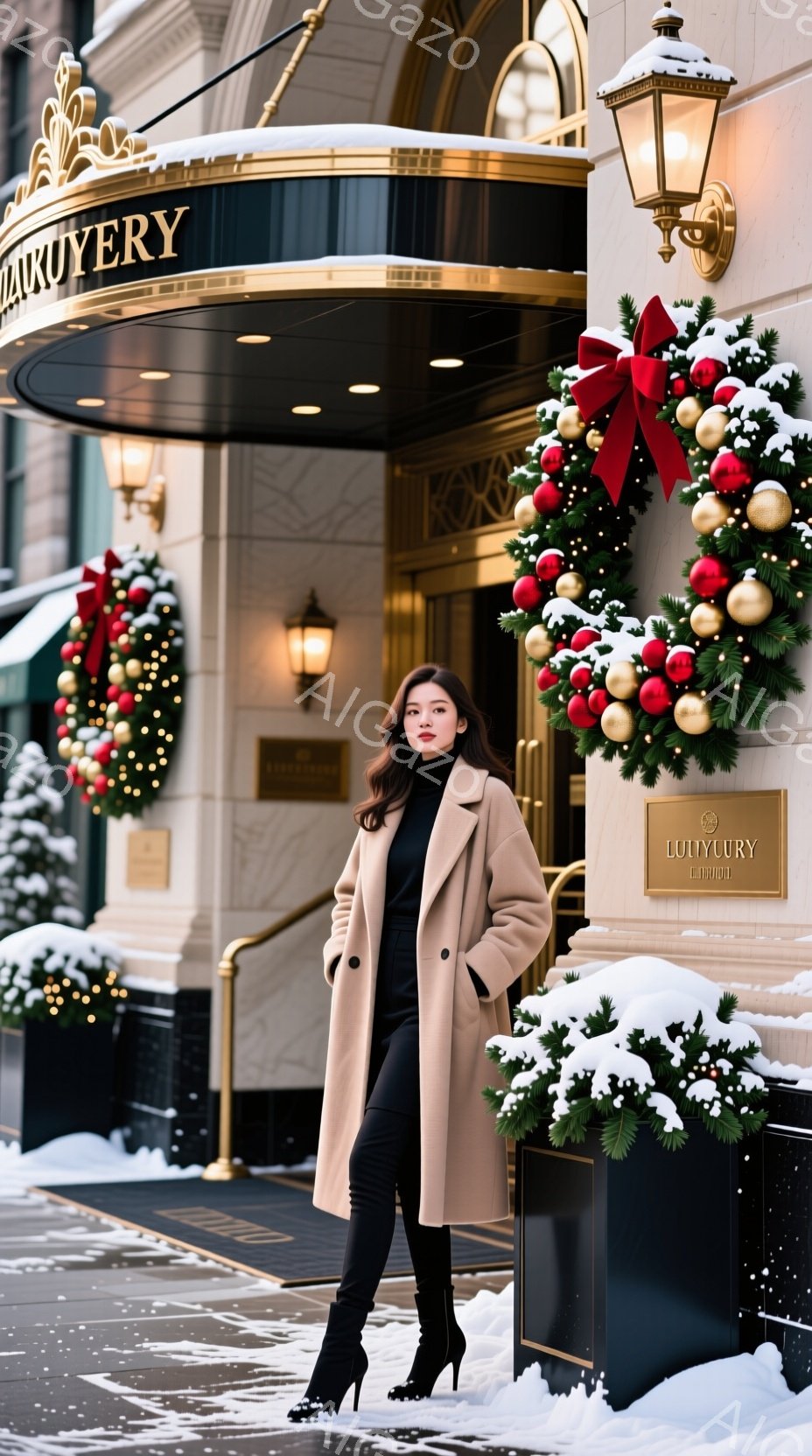 ベージュのコートを着た女性が、クリスマス装飾の施された建物の前に立っている。彼女は黒いパンツとブーツを履き、髪は肩まで届く長さで、少しカールがかかっている。背景には雪が積もり、クリスマスリースやイルミネーションが飾られ、華やかな冬の雰囲気を醸し出している。