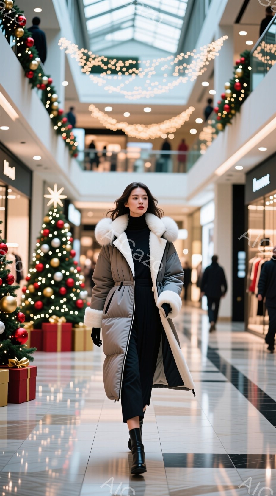 ショッピングモールの内装に、黒いレギンスと黒いトップスに、襟と袖口に毛皮のついたグレーのパフィーコートを着た女性が写っています。彼女は前を見据え、自信に満ちた表情で歩いています。背景にはクリスマスツリーや装飾が施されたモールがあり、暖かく華やかな雰囲気が漂っています。