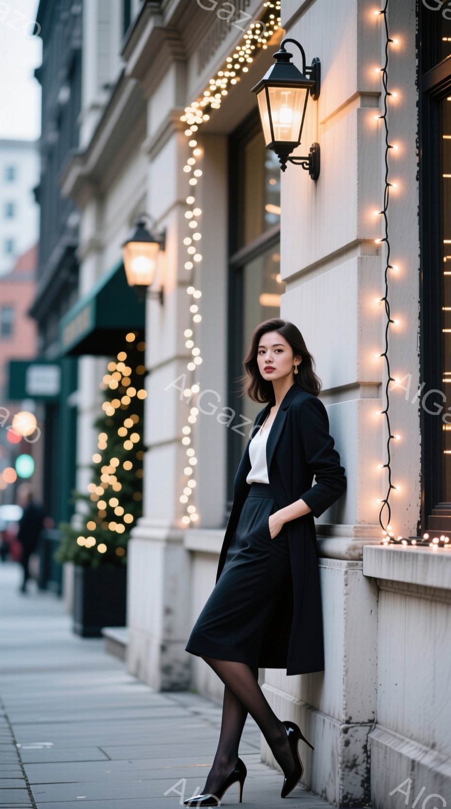 黒いロングコートと黒のスカートを身につけた女性が、クリーム色の壁に寄りかかって立っている。彼女は黒いタイツと黒のハイヒールを履き、エレガントな印象を与えている。背景には、点灯したクリスマスライトと、古い様式の街灯が並び、冬の穏やかな雰囲気を作り出している。