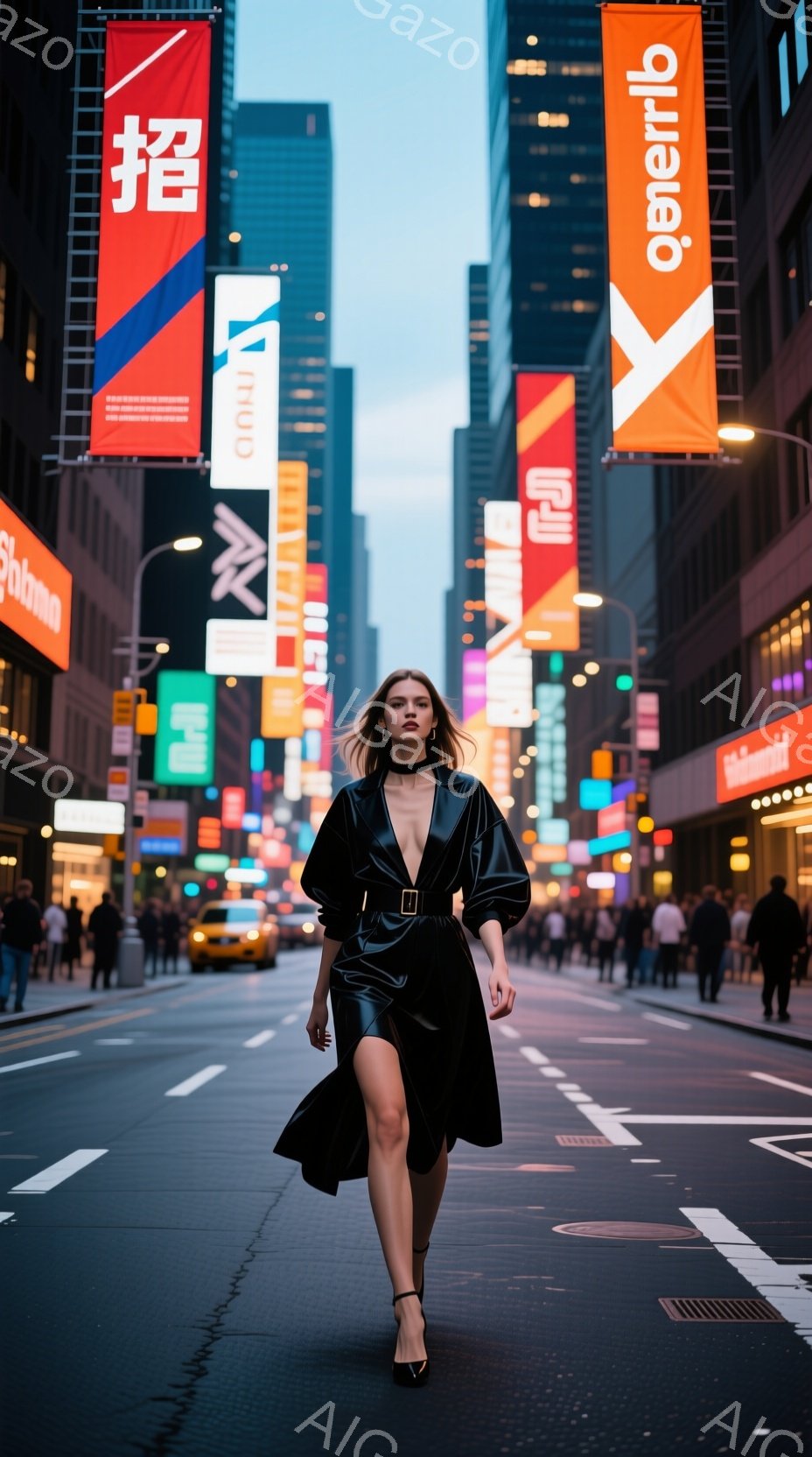 ニューヨークの賑やかな通りを、黒い革のドレスを着た女性が堂々と歩いている。彼女は肩を少し上げ、自信に満ちた表情でカメラを見つめ、ハイヒールを履いて姿勢良く歩いている。背景には高層ビル群が立ち並び、ネオンサインが点灯し、活気あふれる都会の雰囲気を醸し出している。