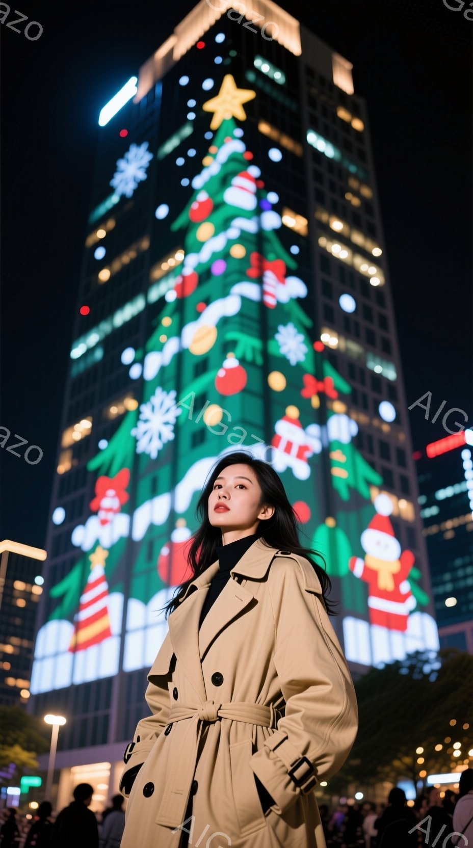 長髪の女性がベージュ色のトレンチコートを着て、夜の街に立っている。彼女は少し上目遣いで、わずかに微笑んでいるように見える。背景には、クリスマスツリーのようにライトアップされた高層ビルがそびえ立ち、街の喧騒とクリスマスの華やかな雰囲気が感じられる。