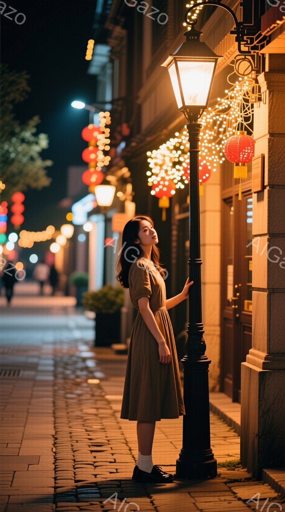 柔らかいベージュ色のワンピースを着た若い女性が、古いレンガ造りの道端の街灯に寄りかかっている。彼女は短い黒髪で、わずかに微笑んでいるように見え、リラックスした様子で街灯を見上げている。背景には、提灯やイルミネーションで飾られた建物が並び、少し雨上がりのような、幻想的で暖かい雰囲気の夜の街並みが広がっている。