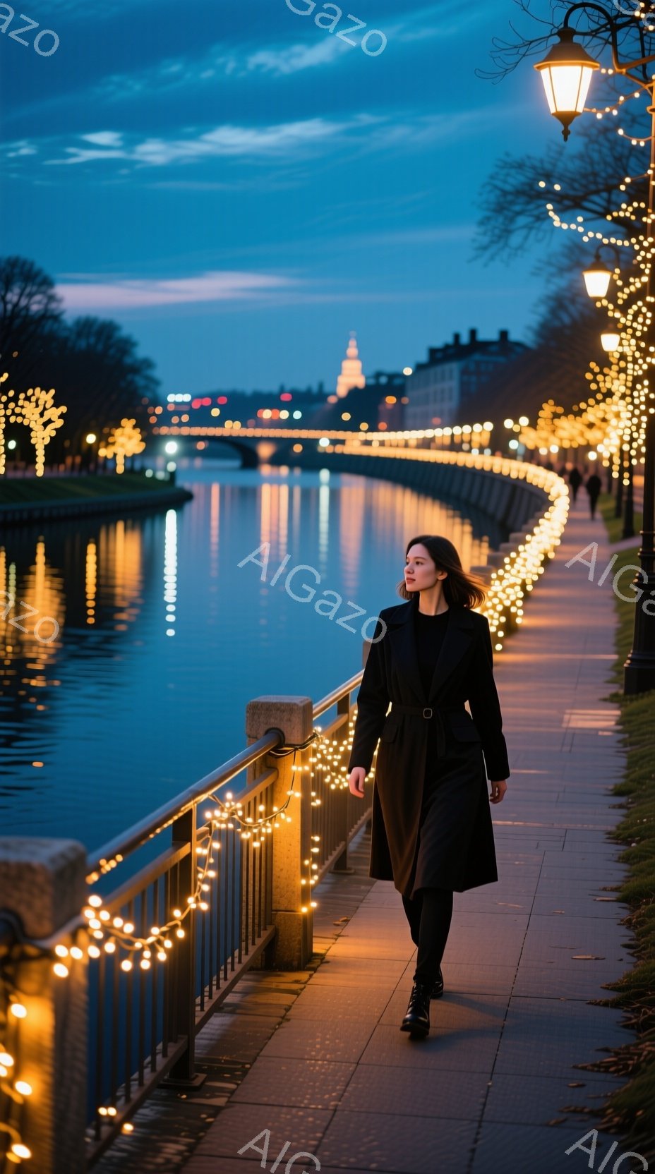 長い黒いコートを着た女性が、街灯とイルミネーションが輝く川沿いの遊歩道を歩いている。彼女は黒いタイツとブーツを履き、髪は肩まで届く長さで、少し横に流されている。背景には、夕焼け空の下、川を挟んで建ち並ぶ建物が見え、全体的に落ち着いた、幻想的な雰囲気を醸し出している。