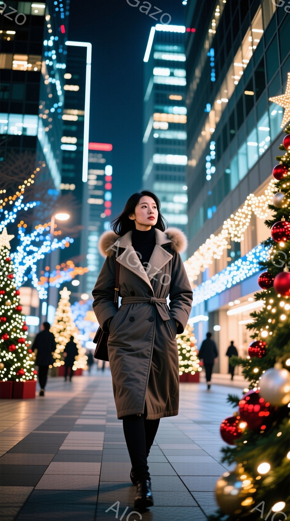 長いグレーのコートを着た女性が歩道を進んでいます。彼女は黒いタイツとブーツを履き、髪は肩にかかる長さで、顔は少しこちらを見ています。背景にはクリスマスツリーやイルミネーションが飾られた高層ビルが立ち並び、夜の街の華やかな雰囲気を醸し出しています。