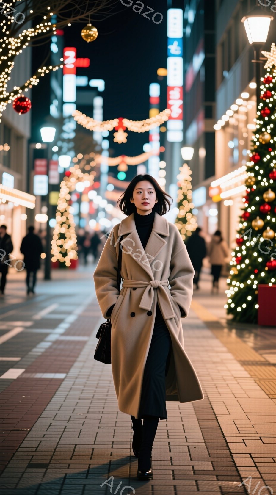画像には、ベージュ色のロングコートを羽織った女性が写っています。彼女は黒いワンピースとブーツを履き、髪は肩のあたりでカットされています。背景にはクリスマスイルミネーションが輝き、賑やかな街並みが広がっており、冬の夜の温かい雰囲気を醸し出しています。