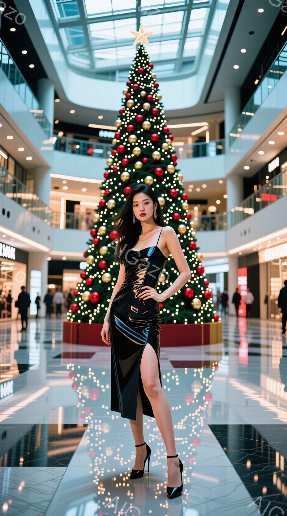 長い黒いドレスを着た女性が、大きなクリスマスツリーの前でポーズをとっています。彼女はハイヒールを履き、片足を少し前に出して、自信のある表情をしています。背景はショッピングモールの吹き抜けで、多くの人が - AI生成フリー素材