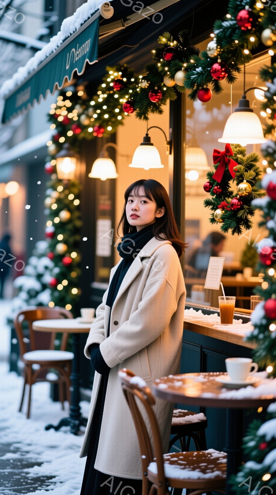 長い茶色の髪をした女性が、ベージュ色のコートと黒いスカーフを着て立っています。彼女は少し微笑んでいて、街並みを眺めているように見えます。背景には、クリスマス装飾が施されたカフェと降雪が見られ、冬の穏やかな雰囲気を醸し出しています。