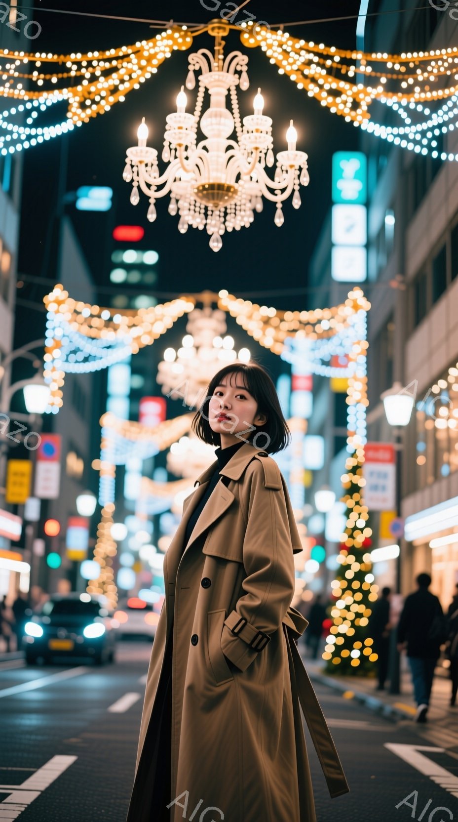 茶色のトレンチコートを着た若い女性が、夜の街並みを背景に立っている。彼女は黒髪で、前髪が目にかかり、少し憂いを帯びた表情をしている。背景には、クリスマスイルミネーションのような輝く装飾が広がり、夜の賑やかな雰囲気を醸し出している。