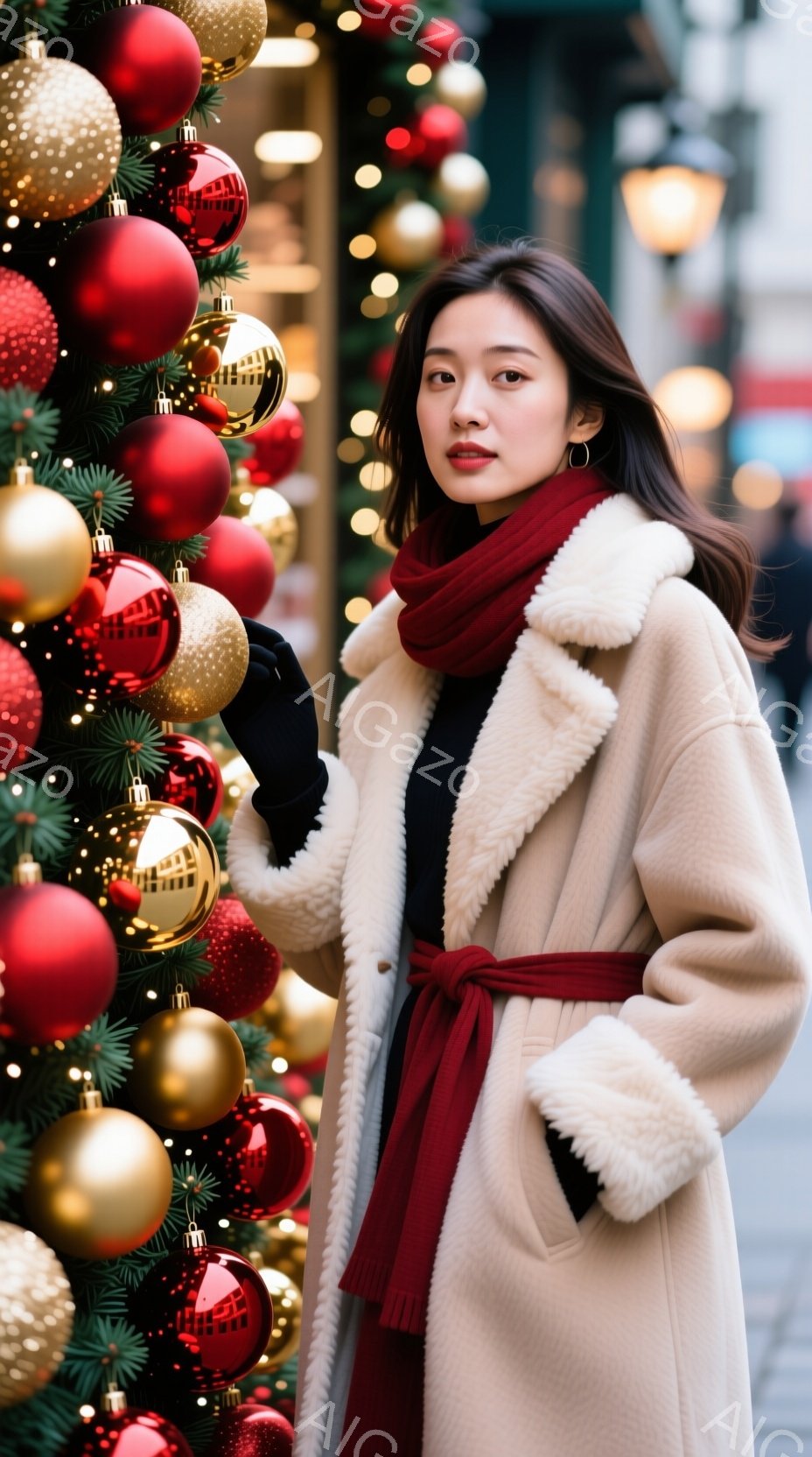 鮮やかなクリスマスツリーを背景に、ベージュのファーカラーコートに赤いスカーフを巻いた女性が立っている。彼女は黒い手袋をはめ、少し微笑み、優雅な姿勢でカメラを見ている。背景には、装飾されたクリスマスツリーと控えめな建物が見え、冬の暖かく華やかな雰囲気が漂っている。
