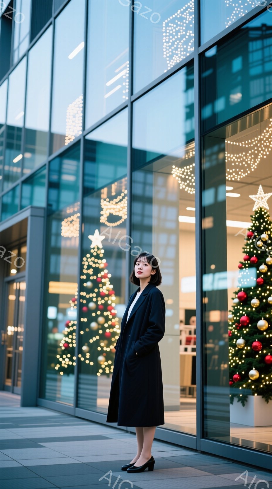 画像には、黒いロングコートを着た若い女性が写っている。彼女はストレートの黒髪で、穏やかな表情をしており、少し物憂げな雰囲気を漂わせている。背景にはクリスマスツリーが飾られた商業ビルのガラス張りの壁があり、華やかな季節感を演出している。