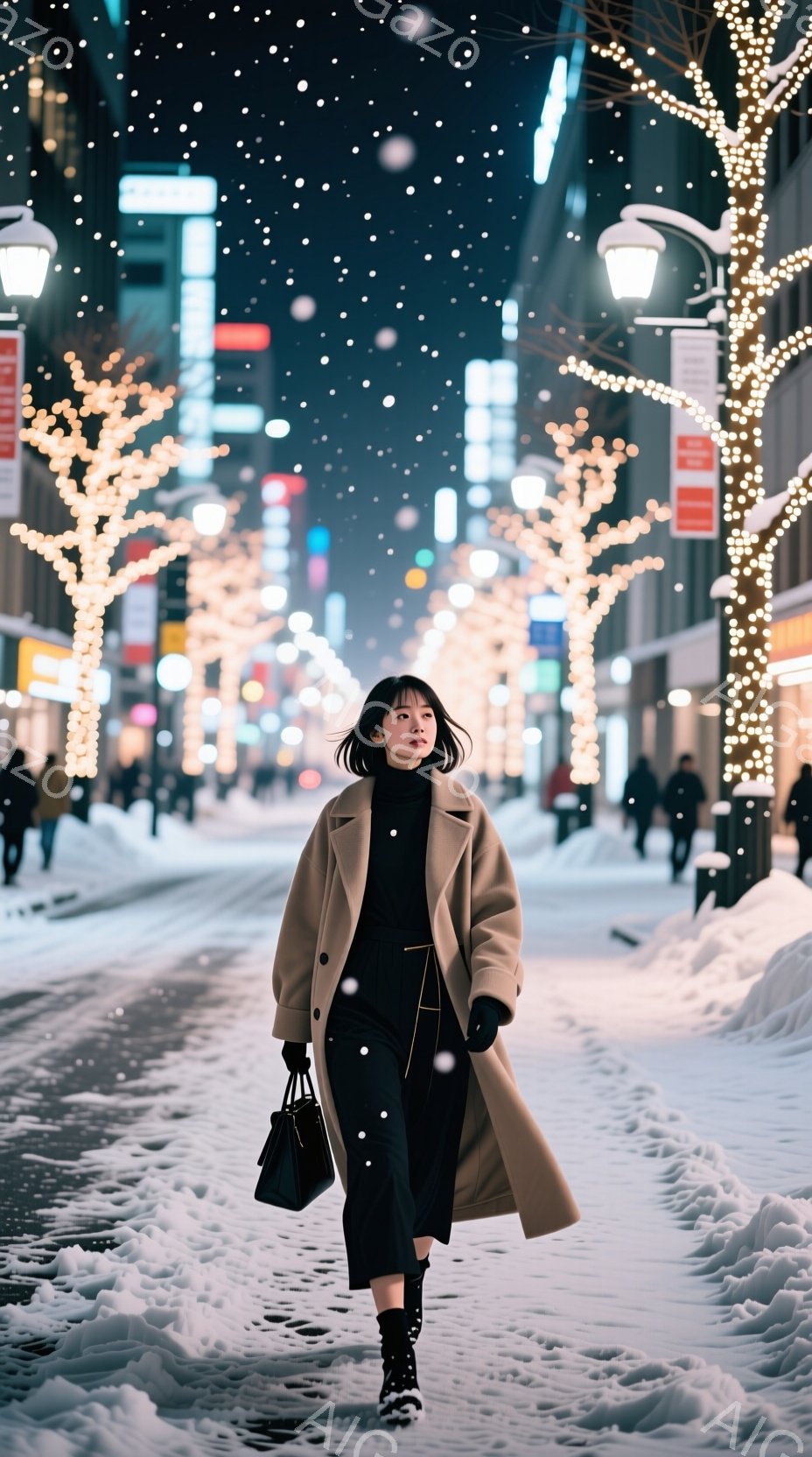 雪が舞う夜の街を、ロングコートを羽織った女性が歩いている。黒い髪は無造作に肩にかかり、少し微笑んだ表情で前を見つめている。背景には、イルミネーションで飾られた並木道と高層ビルがぼやけ、冬の夜の幻想的な雰囲気を醸し出している。