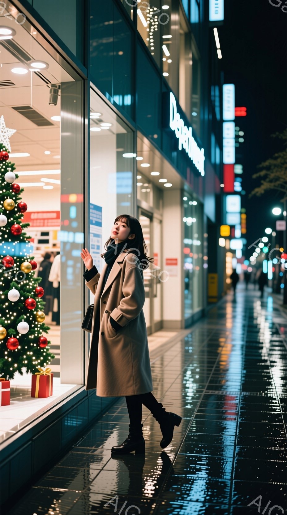 ベージュ色のロングコートを羽織った女性が、濡れた歩道に映る自身の姿を見下ろしている。彼女は黒いブーツを履き、肩にはバッグをかけており、少し微笑んだ表情で、どこか物憂げな雰囲気を漂わせている。背景にはクリスマスツリーが飾られた店や、夜の街並みが広がり、雨上がりの光が路面に反射して幻想的な光景を作り出している。