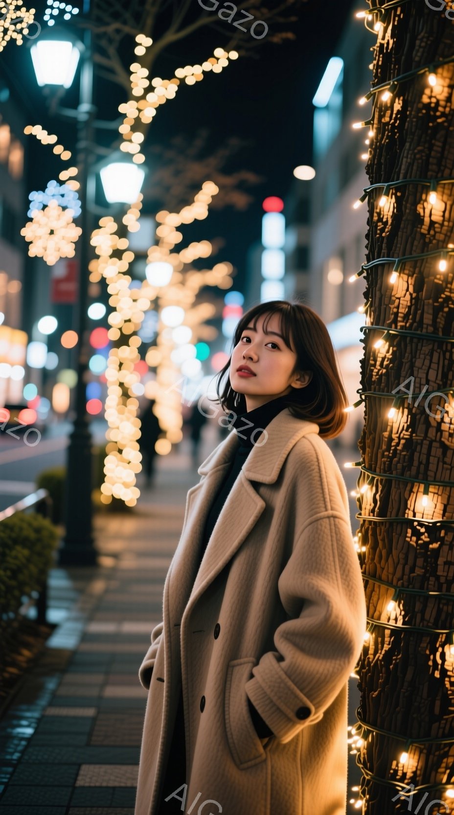 若い女性がクリーム色のオーバーコートを着て、路地の壁にもたれている。彼女はダークカラーのトップスを着て、短い茶色の髪は軽くカールしている。背景には、暖かい光で飾られた木々が並び、夜の街並みがぼやけて見える、穏やかで幻想的な雰囲気を醸し出している。