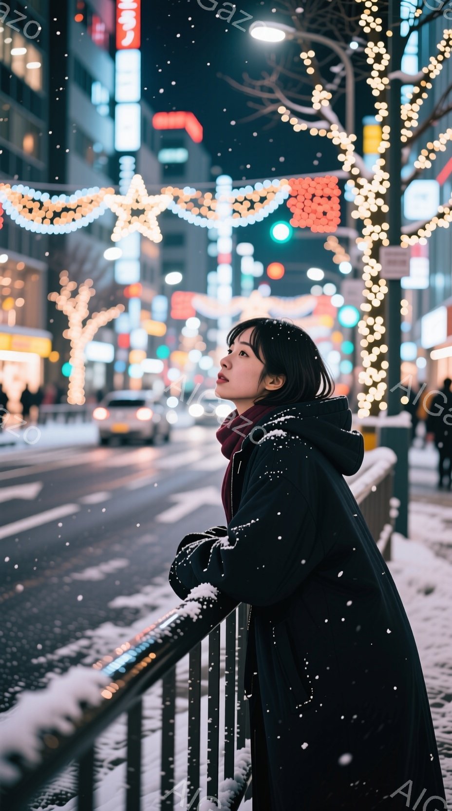長い黒いコートと赤いスカーフを身につけた若い女性が、雪が積もった手すりに寄りかかり、どこか遠くを見つめています。彼女は黒髪で、やや憂いを帯びた表情をしています。背景には、クリスマスツリーのような電飾が輝き、雪が舞い降りる夜の街並みが広がっています。