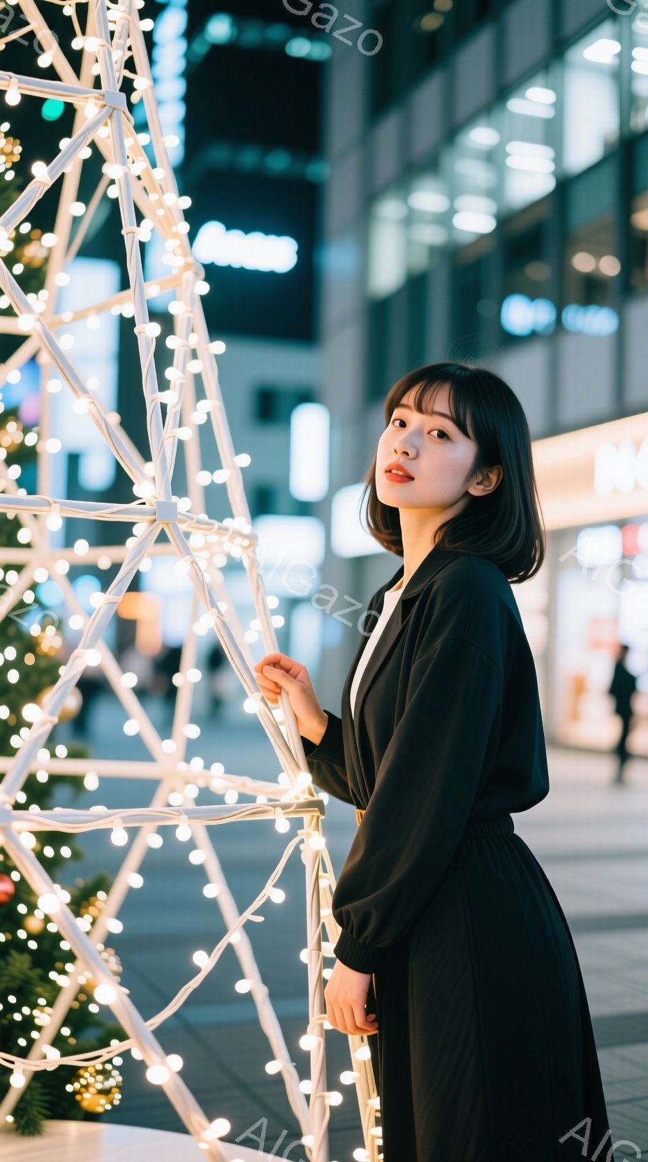 黒いワンピースを着た若い女性が、光る白い装飾の前に立っている。彼女は肩までの長さの黒髪で、少し微笑んだ表情をしている。背景には現代的な建物がぼやけて見え、夜の街の雰囲気が漂っている。