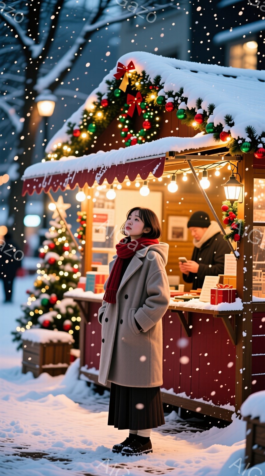 画像には、雪が降るクリスマスのマーケットの一角が写っている。茶色のコートと赤いスカーフを身につけた女性が、やや上目線で何かを見つめており、彼女の表情は穏やかだ。背景には、クリスマス装飾が施された屋台や、光り輝くクリスマスツリーがあり、全体的に温かく幻想的な雰囲気が漂っている。