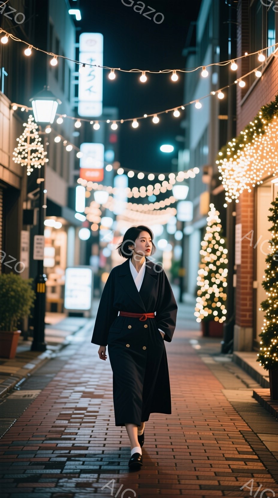 長い黒いコートに赤いベルトを締めた女性が、石畳の路地を歩いている。彼女は黒い靴を履き、髪を後ろでシンプルにまとめている。路地はクリスマスイルミネーションで飾られ、暖かく幻想的な雰囲気を醸し出している。