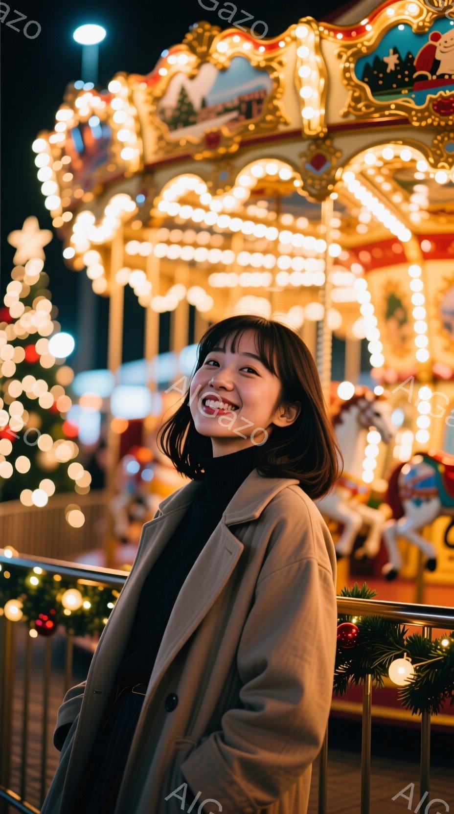 若い女性が、遊園地のメリーゴーランドの前で微笑んでいます。彼女はベージュ色のコートを着ており、ダークブラウンのショートボブヘアで、顔には明るい笑顔が見られます。背景には、きらびやかな照明で飾られたメリーゴーランドの乗り物や、クリスマスツリーのような装飾がぼやけており、華やかで暖かい雰囲気です。