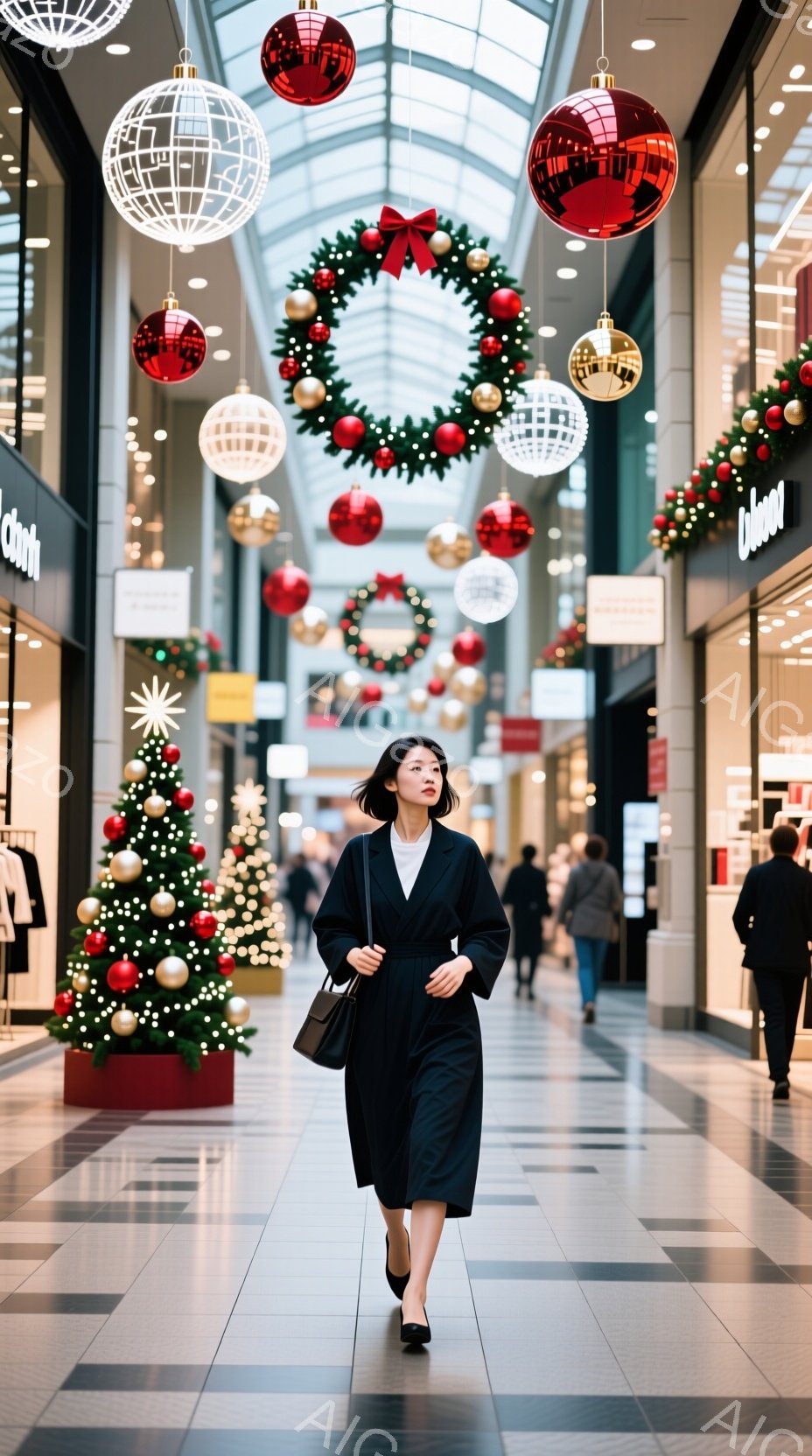 黒いコートを着た女性が、ショッピングモールの通路を歩いている。彼女は髪を後ろでまとめ、表情は穏やかで、少し微笑んでいるように見える。背景には、クリスマスツリーや飾り付けが施されたモールがあり、華やかで暖かい雰囲気が漂っている。