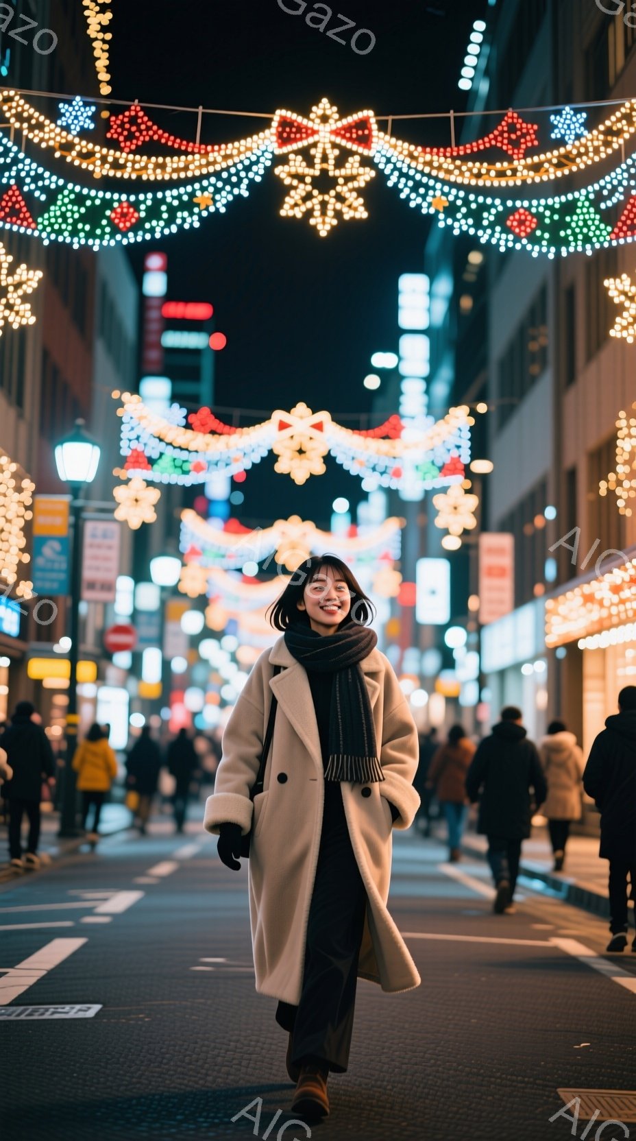白いロングコートを着た若い女性が、夜の街路を歩いている。彼女は黒い髪を耳にかけ、笑顔でこちらを見ている。背景には、カラフルなイルミネーションが輝き、多くの人々が歩いている賑やかな夜の街並みが広がっている。