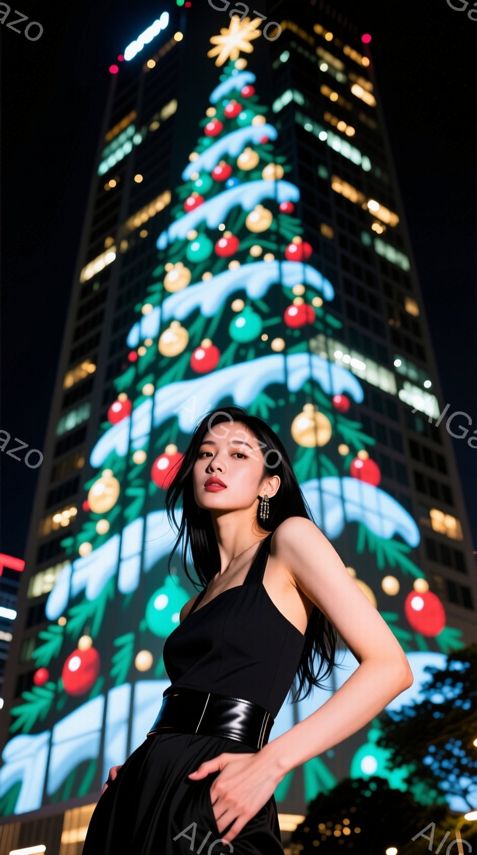 長い黒髪をセンターパートにした女性が、黒いサテン生地のドレスと幅広のベルトを身につけて立っている。彼女は少し上目遣いで、表情はクールで自信に満ちている。背景には、夜空に輝く巨大なイルミネーションのクリスマスツリーがそびえ立ち、華やかな雰囲気を醸し出している。