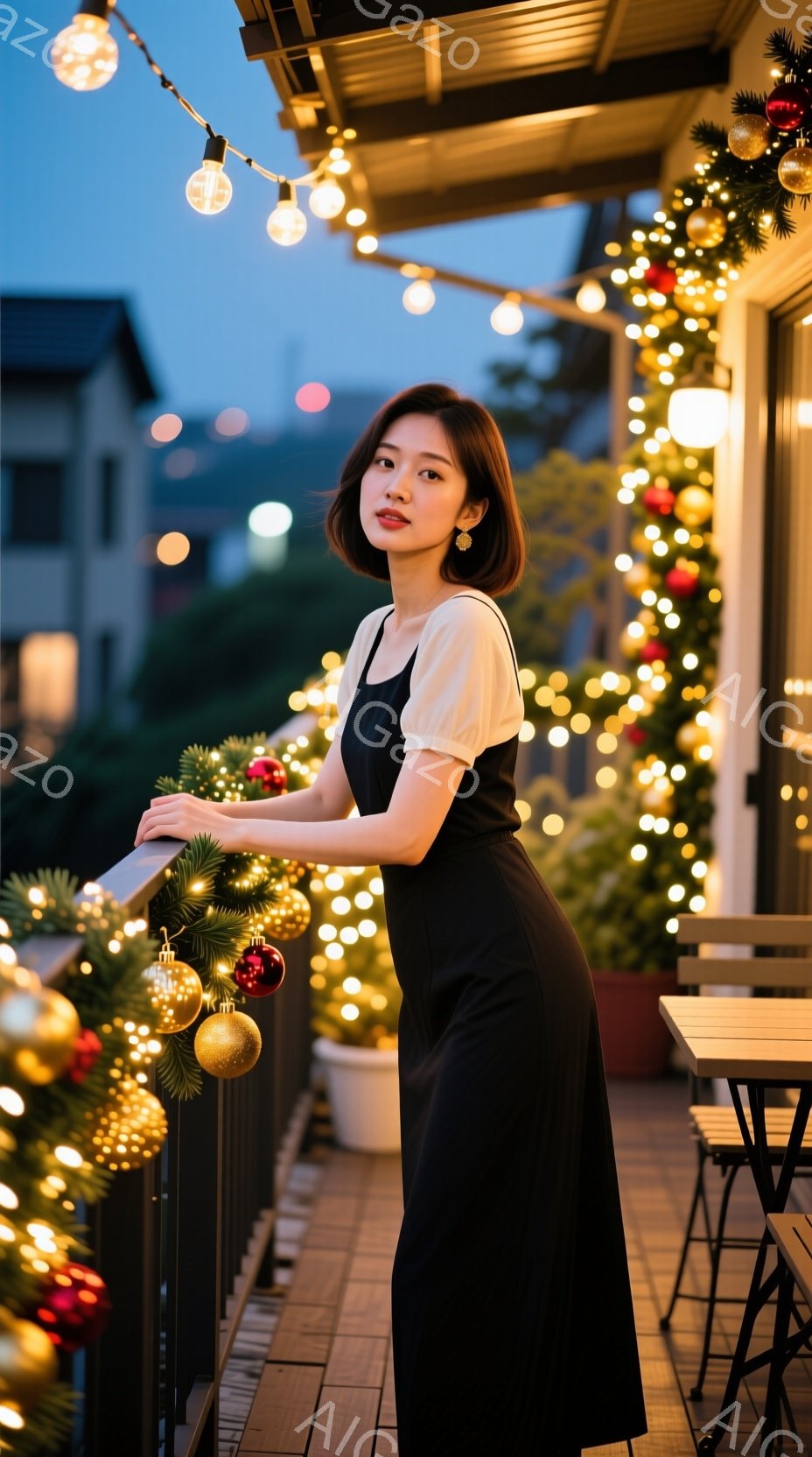 黒いジャンプスーツを着た若い女性がバルコニーに立っている。彼女は肩までの長さの茶色の髪をしており、わずかに微笑んでいる。背景には、クリスマスデコレーションで飾られたバルコニーと、夜空を背景にした建物が見える。