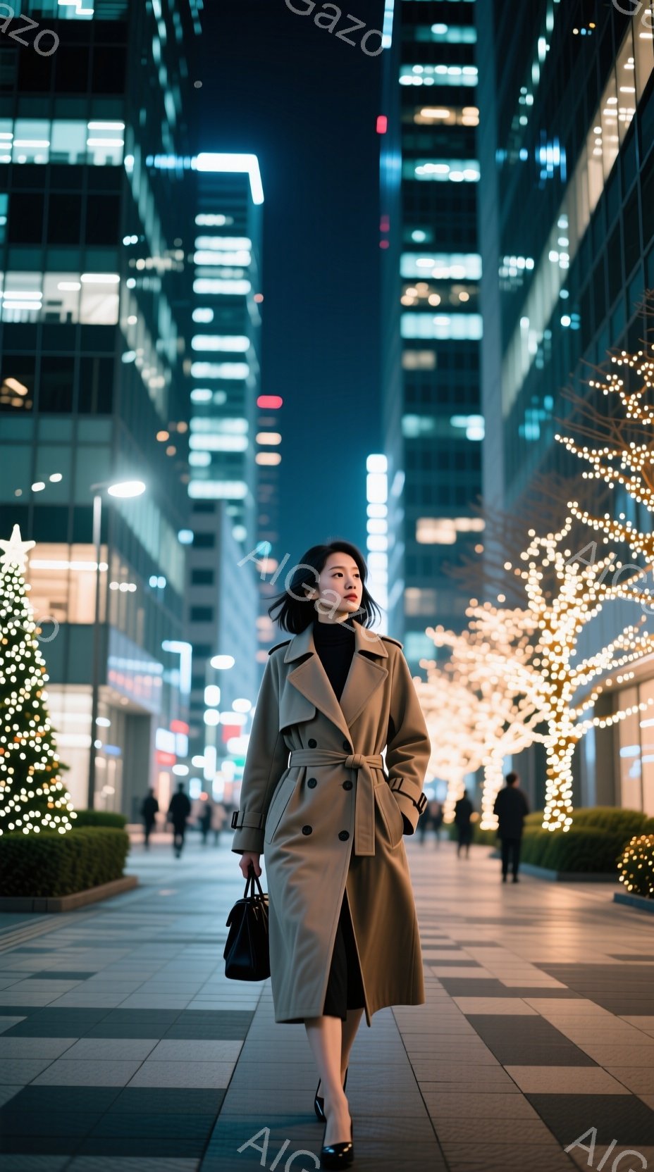 トレンチコートを着た女性が、夜の街を歩いている。彼女は黒いハンドバッグを持ち、落ち着いた表情で正面を見据えている。背景には高層ビル群が立ち並び、クリスマスイルミネーションが飾られた木々が暖かく輝いている。