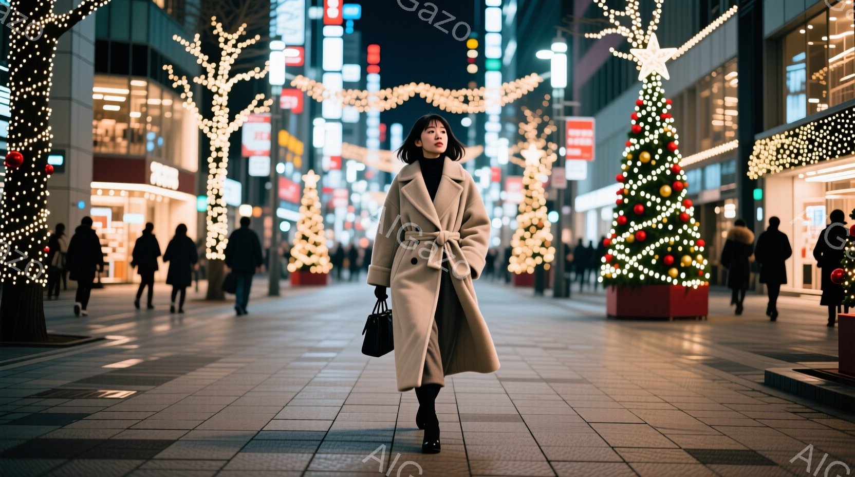 長いベージュ色のコートを着た女性が、クリスマスのイルミネーションで飾られた賑やかな街路を歩いている。彼女は黒いハンドバッグを持っており、前を見据え、ややクールな表情をしている。背景には、クリスマスツリ - AI生成フリー素材