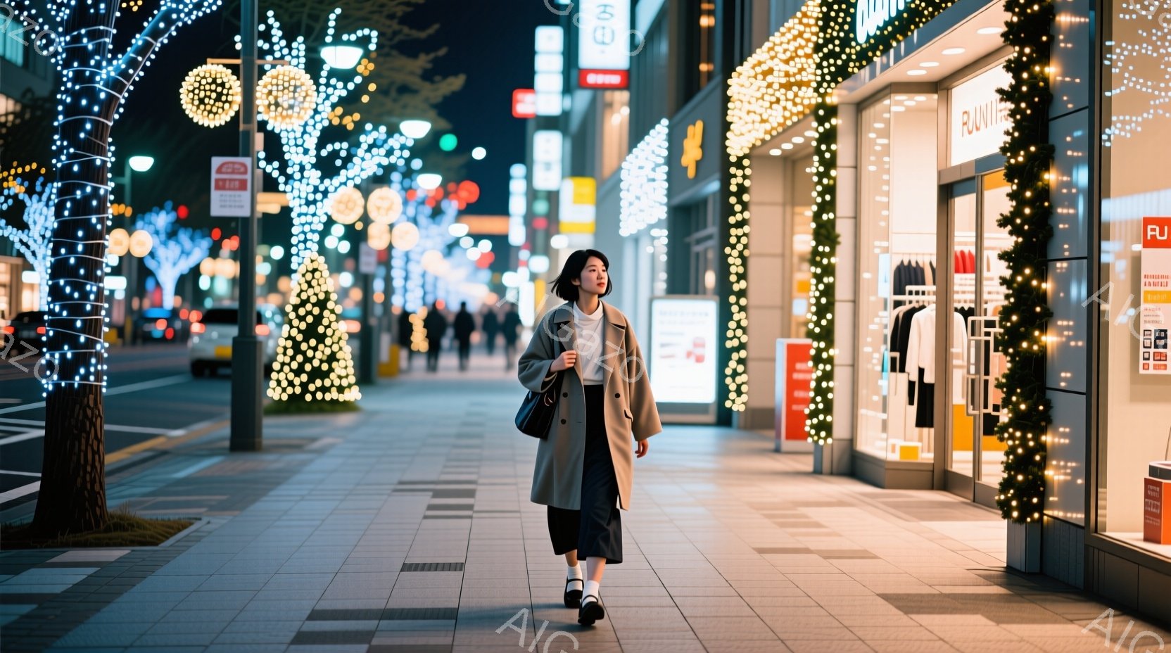 画像には、ベージュ色のコートを着た若い女性が歩いている様子が写っています。彼女は黒いスカートと白い靴を履いており、肩にバッグをかけています。背景にはクリスマスのイルミネーションで飾られたお店や街路樹が並び、夜の街の華やかな雰囲気を醸し出しています。