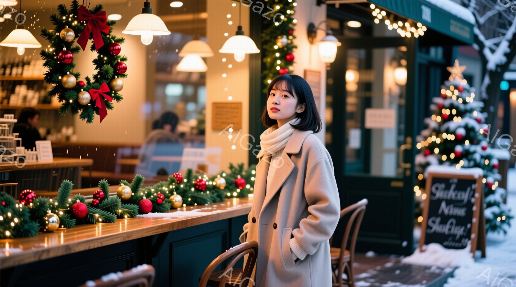 長いクリーム色のコートを着た若い女性が、クリスマスの飾り付けがされたカフェの前で立っている。彼女は軽く振り返り、少し物憂げな表情で遠くを見つめている。背景には、クリスマスリースやイルミネーションで飾られたカフェの窓があり、雪が舞う冬の景色が広がっている。