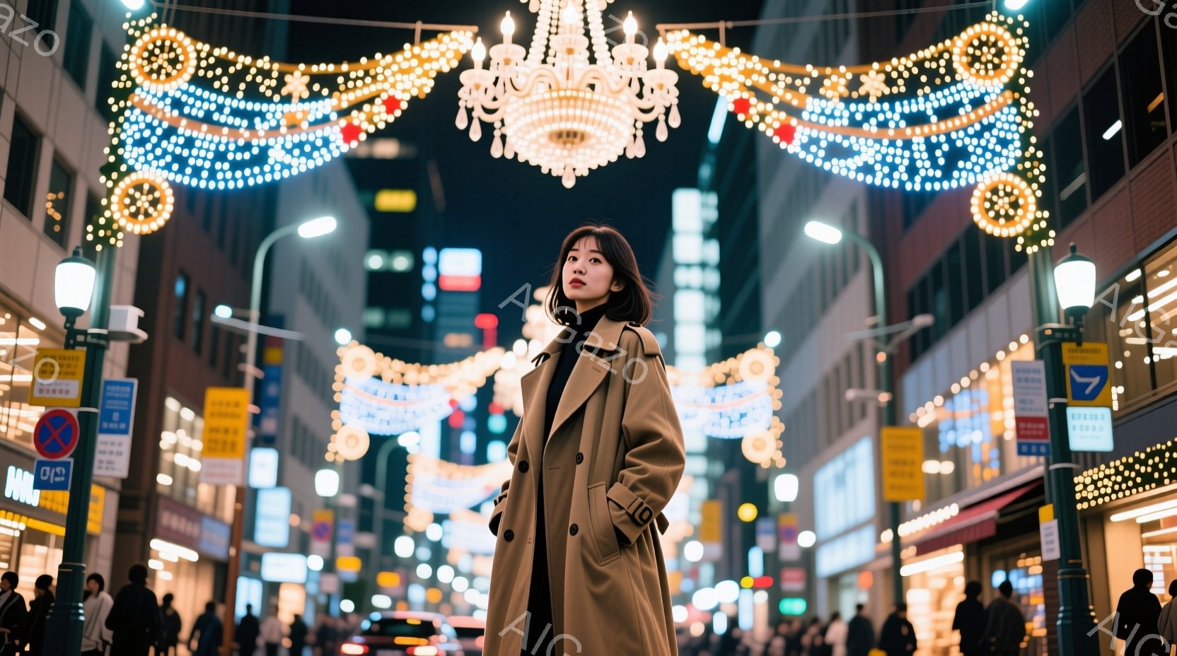 長い茶色のコートを着た若い女性が、イルミネーションで飾られた賑やかな通りに立っている。彼女は顔を少し上げ、どこかを見つめるような表情をしており、前髪が少し流れたショートヘアが特徴的だ。背景には多くの人々や店、そして明るいイルミネーションが広がり、冬の夜の活気ある雰囲気を醸し出している。