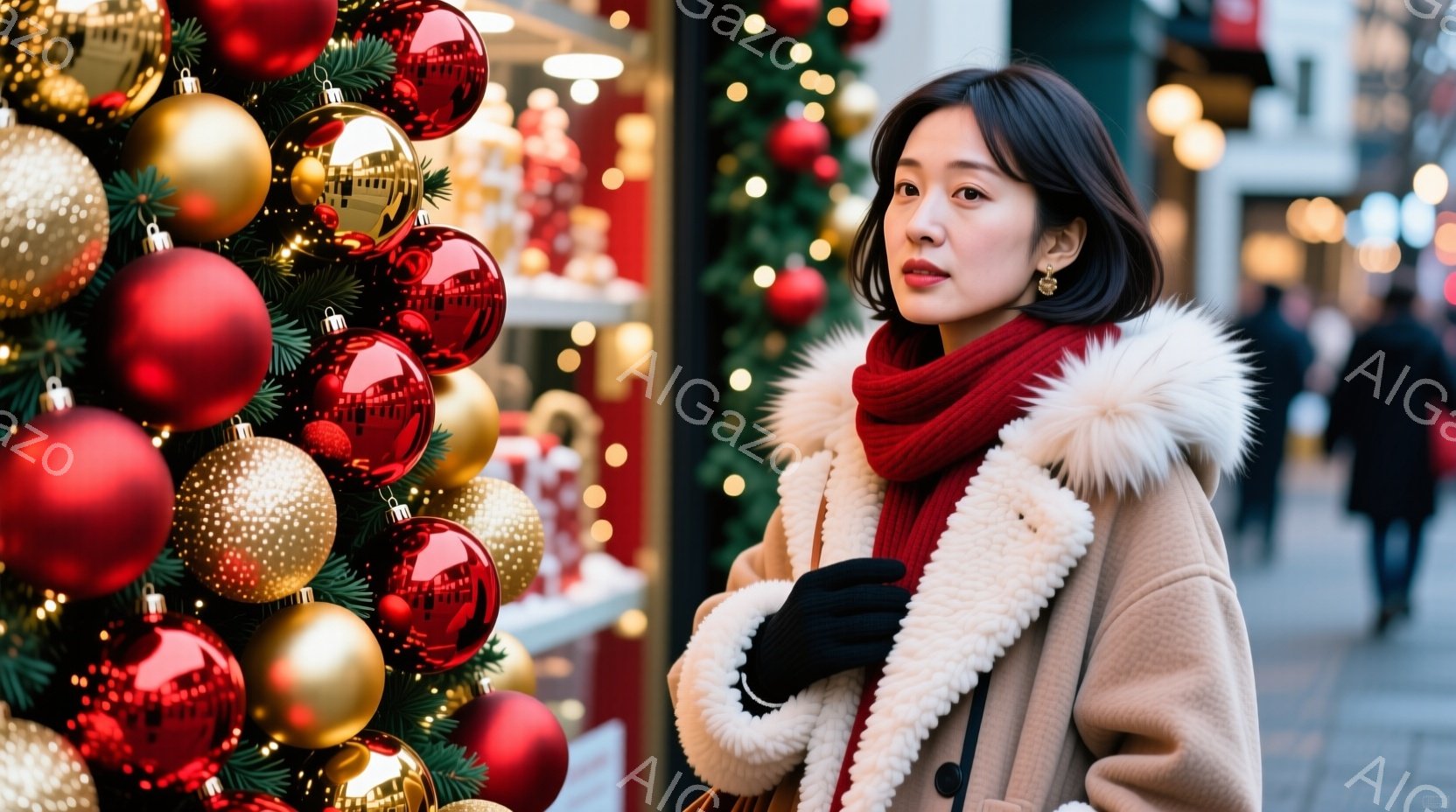 女性はベージュ色のファーカラーのコートと赤いマフラーを身につけ、黒い手袋を着用しています。彼女は少し上目遣いで、どこかを見つめるような表情をしており、髪は短く、耳元には小さなアクセサリーが光っています。背景にはクリスマスツリーが飾られ、たくさんの赤いオーナメントと輝くライトが暖かく、冬の街の賑やかな雰囲気が伝わってきます。