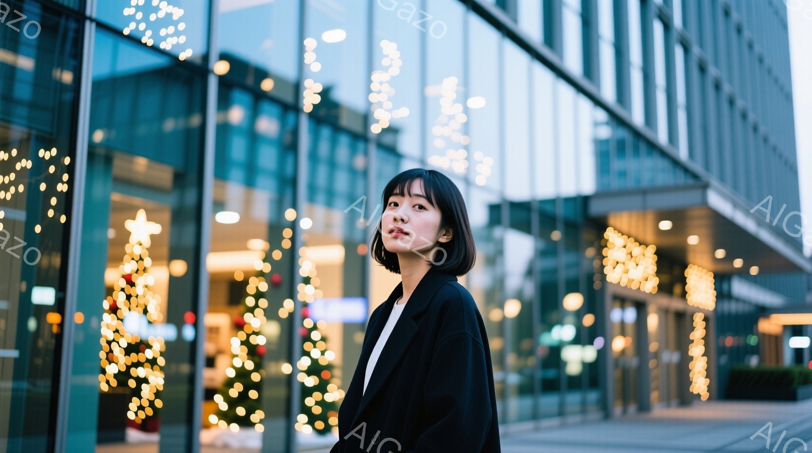 ショートヘアの女性が、黒いジャケットを着て、少し横を向いて立っている。背景には、クリスマスイルミネーションが輝く近代的な建物があり、都会的で華やかな雰囲気を醸し出している。女性は落ち着いた表情で、わずかに微笑んでいるように見える。
