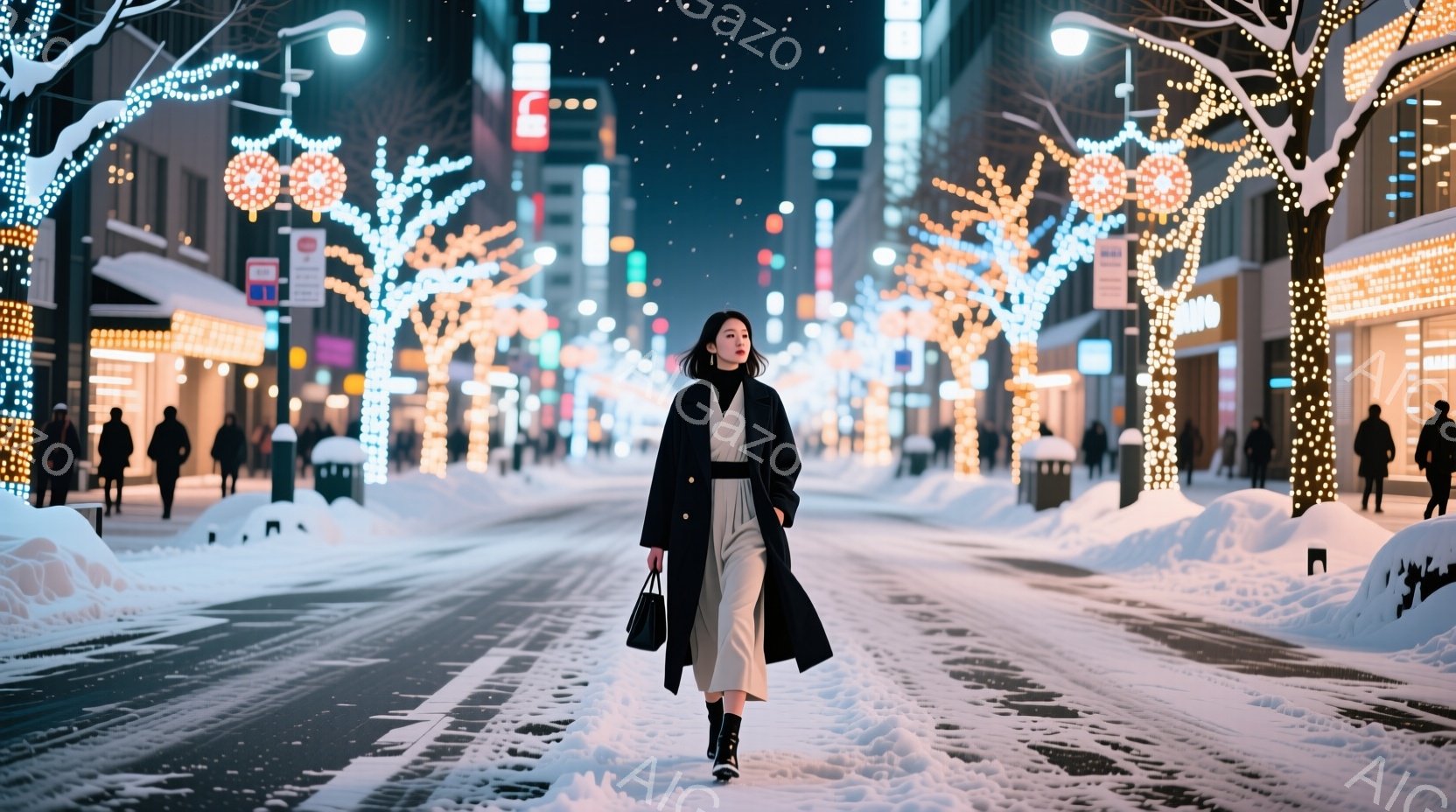 長い黒いコートを着た女性が、雪に覆われた街路を歩いている。彼女は長いストレートヘアで、やや下を向いているため表情ははっきりしないが、落ち着いた雰囲気である。背景には、光り輝くイルミネーションで飾られた木々が並び、雪が舞う冬の夜の幻想的な雰囲気を醸し出している。